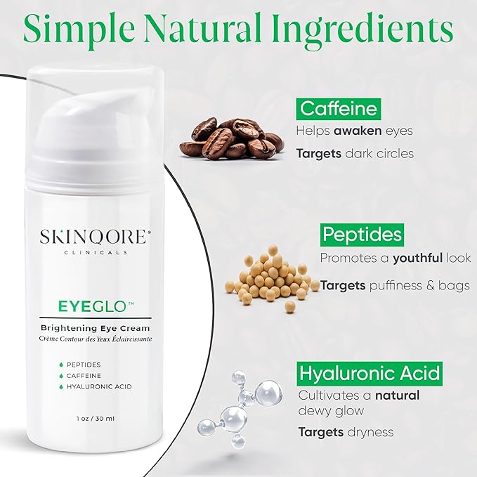 EyeGLO Caffeine Eye Cream for Dark Circles, Eye Bags, and Puffiness | Under Eye Treatment for Women with Peptides, Antioxidants, Hyaluronic Acid | Natural Brightening Eye Cream - 1 Oz-Velvo Beauty