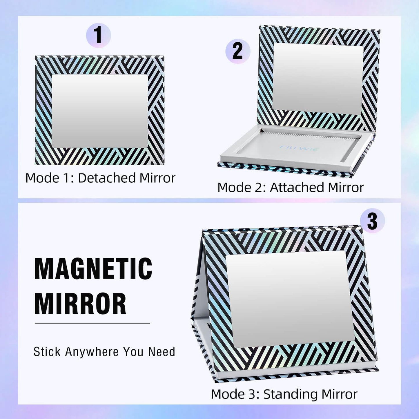 Empty Magnetic Makeup Palette with Mirror, Spatula, 20 Metal Stickers, Suitable for Eyeshadow Lipstick Blush Powder Highlighter and Contour, DIY Refillable, Holographic Stripes (Black, Medium)-Velvo Beauty