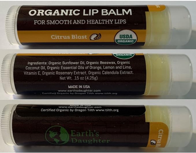 USDA Organic Lip Balm 4-Pack by Earth's Daughter - Citrus Flavor, Beeswax, Coconut Oil, Vitamin E - Best Lip Repair Chapstick for Dry Cracked Lips.-Velvo Beauty