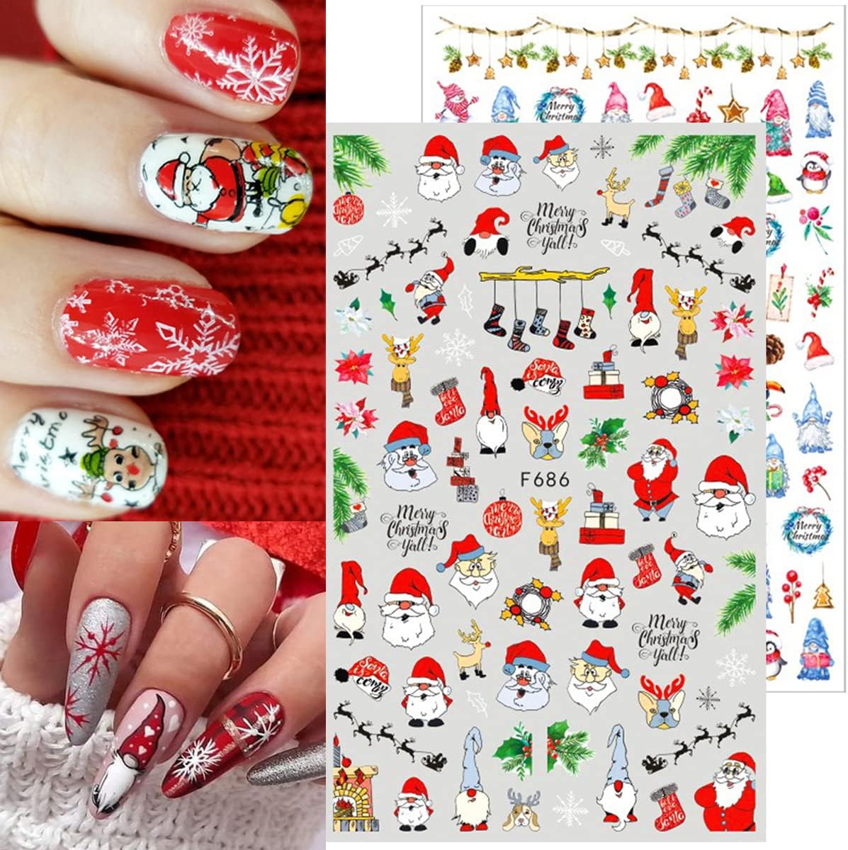 10 Sheets Christmas Nail Stickers 3D Xmas Decals Winter White Snowflake Santa Claus Snowman Bell Reindeer for Women Girls Christmas Designs Decoration Charms-Velvo Beauty