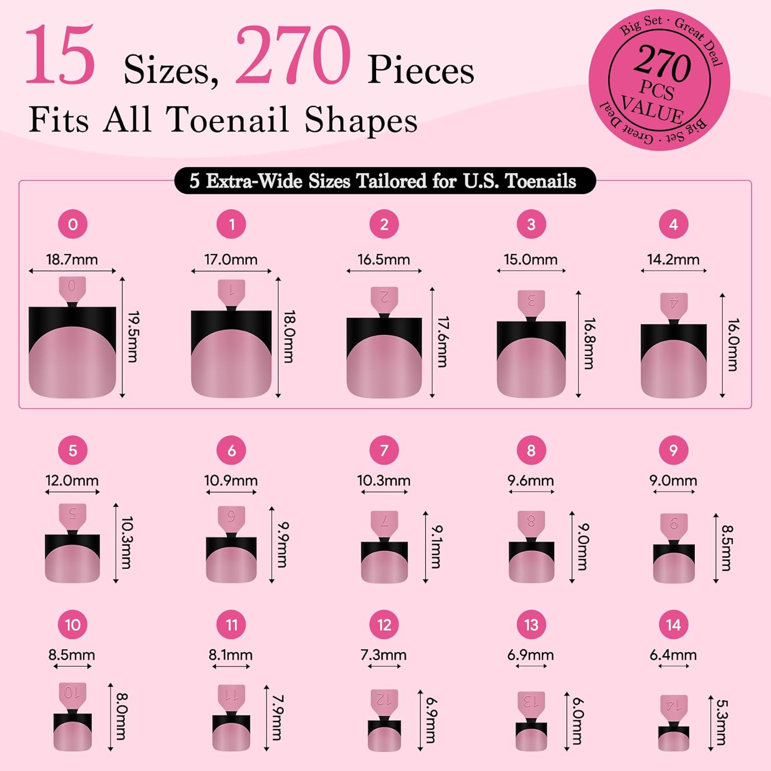 Toenail Press Ons French Tip, Berry Pink Black Elegant False Toe Nail Extension 15 Sizes 270 Pcs Sharp Square Acrylic Tips Pre-applied Nail Primer & Base Coat Full Cover for DIY Home 2025 Summer-Velvo Beauty