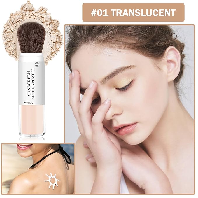 Mineral Sunscreen Setting Powder Mineral Brush Powder SPF 35 PA+++ Oil Control Matte Effect Lightweight Breathable Translucent Powder Setting Powder Sunscreen Makeup for Face with Brush-01 Translucent-Velvo Beauty
