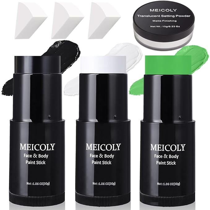 MEICOLY 7Pcs Black White Green Face Body Paint Stick Set with Setting Powder and Sponges,Clown Black White Face Paint,Green Body Paint for Halloween SFX Cosplay Makeup,Waterproof-Velvo Beauty
