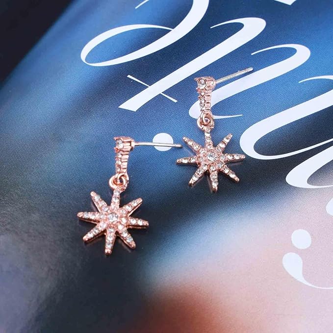 Boho Crystal Sunburst Earrings Rose Gold Star Drop Stud Earrings Cz Paved Starbust Earrings Celestial Earrings Jewelry for Women and Girls-Velvo Beauty
