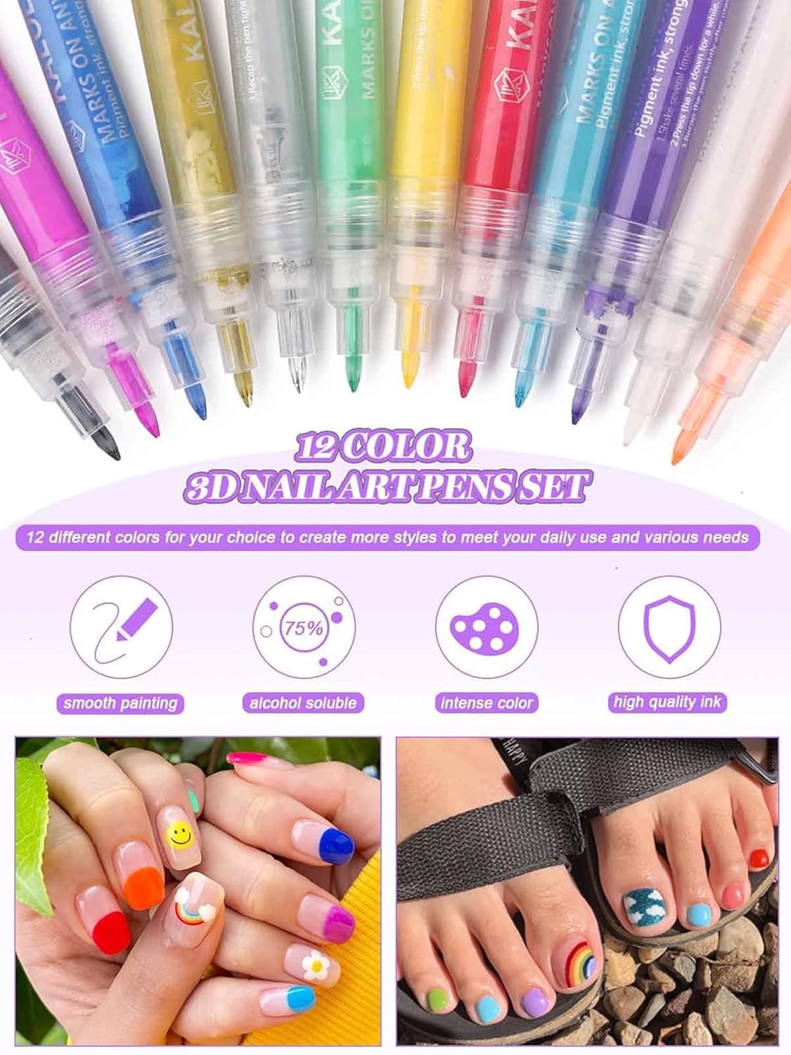 12 Color 3D Nail Art Pens Set, Kalolary Nail Point Graffiti Dotting Pen Drawing Painting Liner Brush for DIY Nail Art Beauty Adorn Manicure Tools-Velvo Beauty
