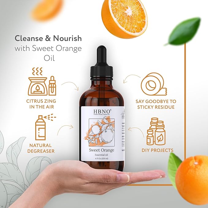 HBNO California Bottled Orange Essential Oil 4 fl oz (120ml) Value Size - Natural Orange Oil, Cold Pressed - Perfect for Cleaning, Aromatherapy, DIY, Soap & Diffuser-Velvo Beauty
