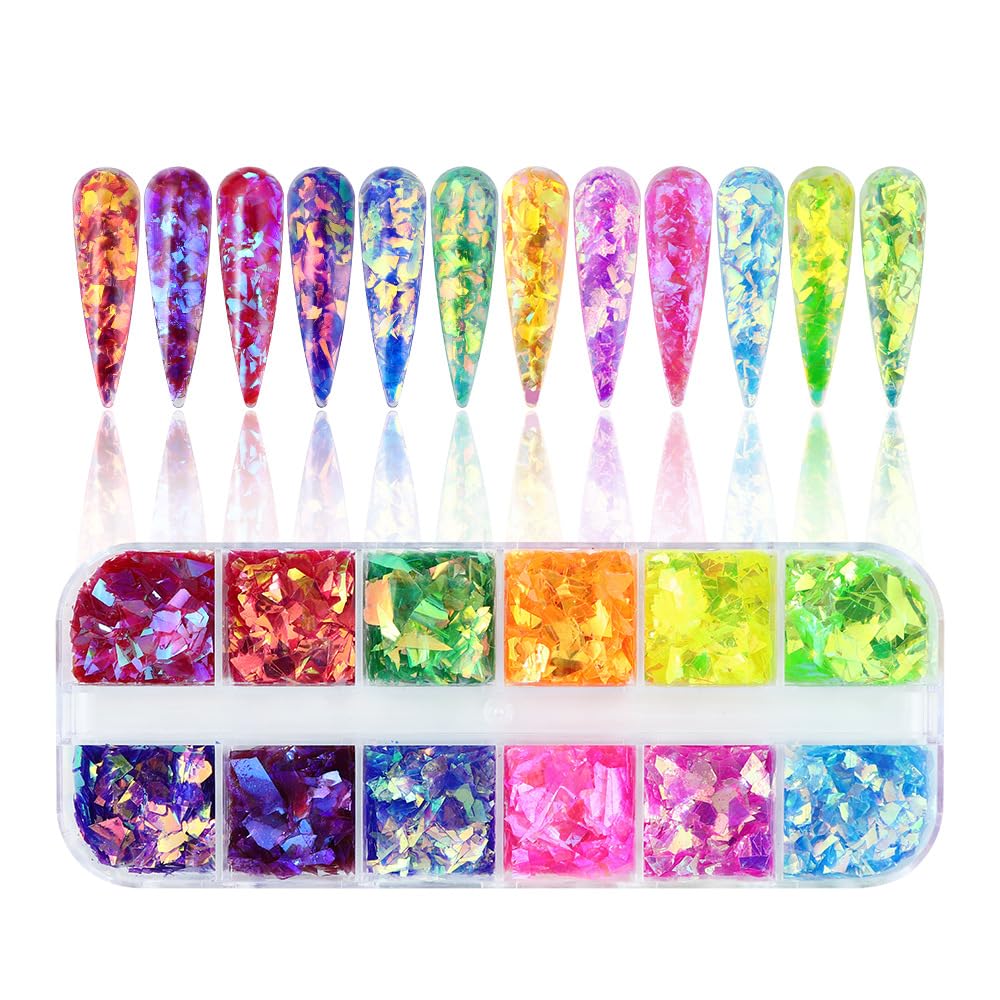 12Grids Holographic Mermaid Colorful Nail Art Glitter,Irregular Rainbow Candy Color Nail Art Flakes Sequins Gradient Bright Ice Slag Nail Sequins Summer Metallic Foil Nail Supplies DIY Nail Decoration-Velvo Beauty