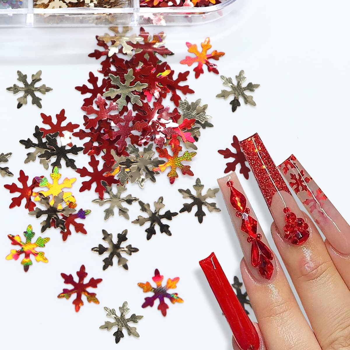 6 Grids Snowflake Nail Art Stickers Decals 3D Glitter Sequins Holographic Laser White Gold Silver Christmas Nail Art Flakes Winter Xmas Snow Glitter-Velvo Beauty