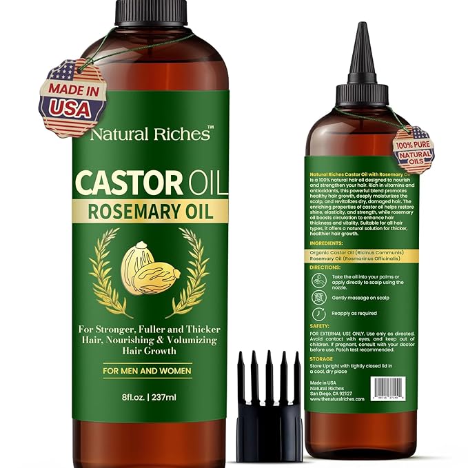 Natural Riches Castor Oil with Rosemary Oil, 8 fl oz, For Stronger, Fuller and Thicker Hair Growth - Organic Castor Oil with Rosemary Oil Premium Grade hair treatment-Velvo Beauty