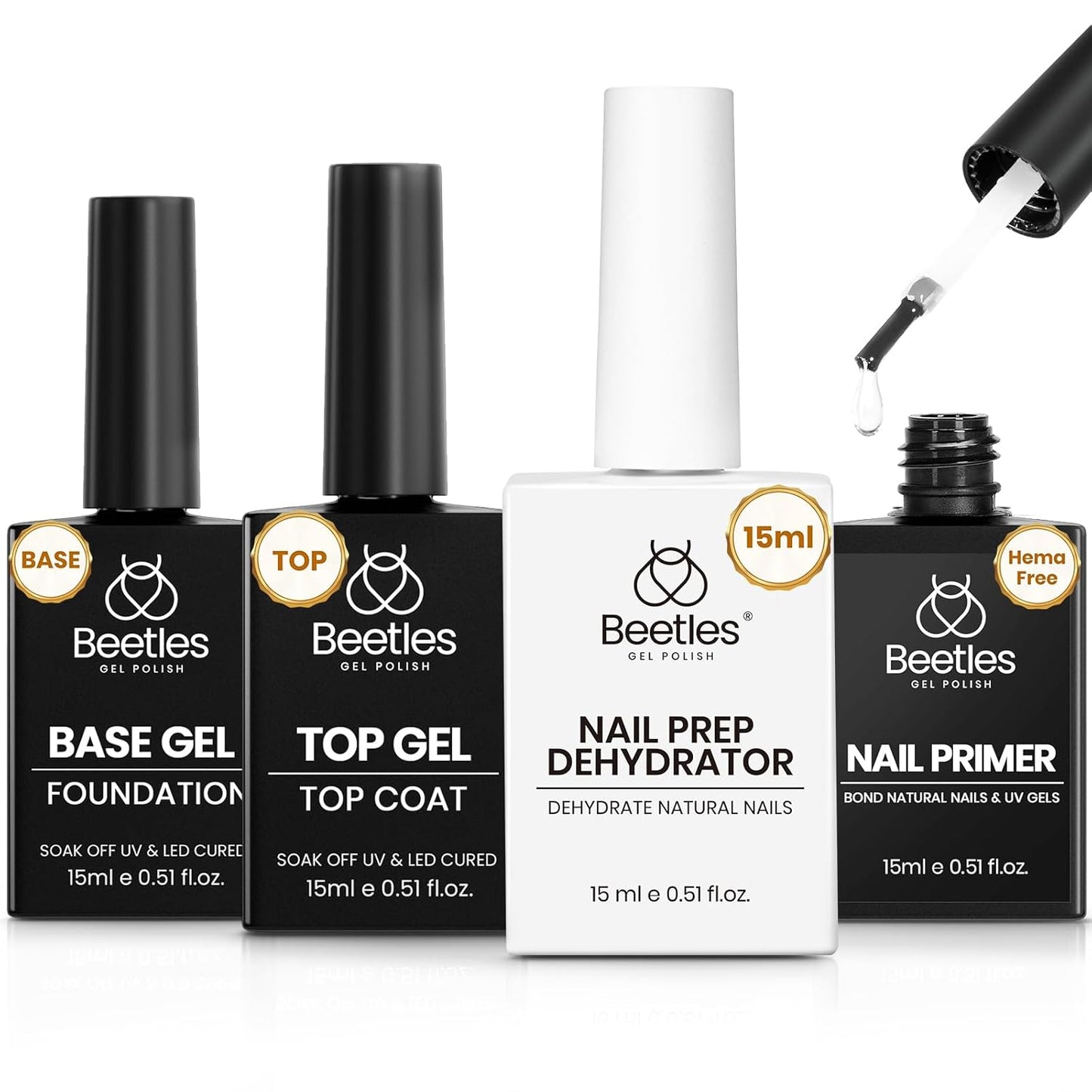 Beetles 4Pcs Gel Top Coat and Base Coat with Nail Dehydrator and Primer Set - Acid-Free & Hema-Free Nail Bond for Gel Polish & Acrylic Nails, Long-Lasting for Professional Manicure Prep Kit-Velvo Beauty