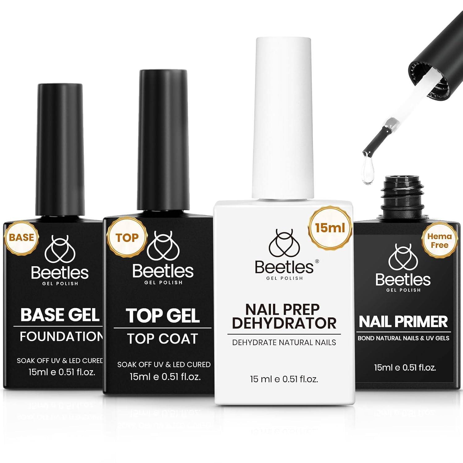 Beetles 4Pcs Gel Top Coat and Base Coat with Nail Dehydrator and Primer Set - Acid-Free & Hema-Free Nail Bond for Gel Polish & Acrylic Nails, Long-Lasting for Professional Manicure Prep Kit-Velvo Beauty