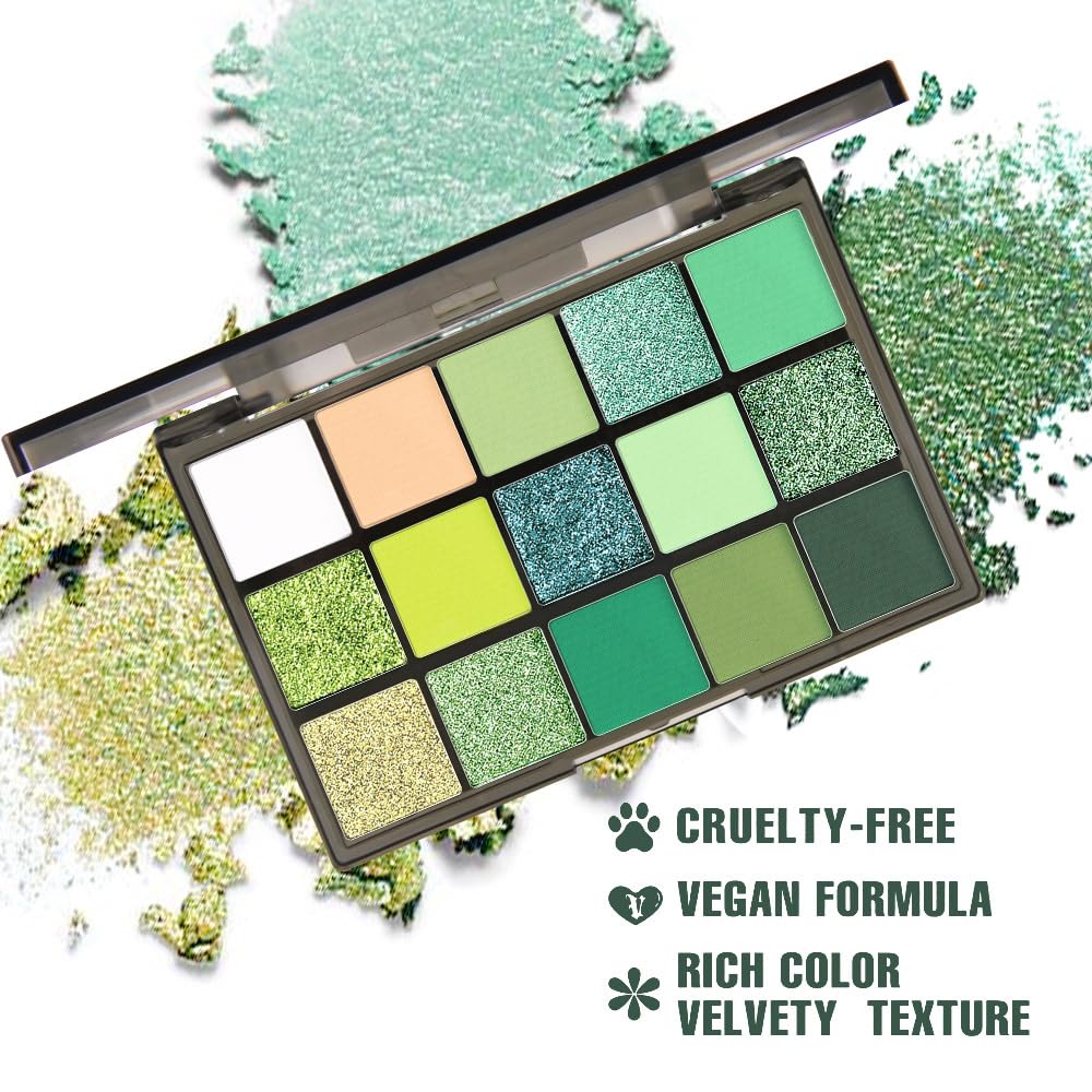 15 Colors Green Matte & Shimmer Eyeshadow Palette - Olive Teal GreenYellow DarkSeaGreen LimeGreen Pink White Eye Shadow Primers Powder for Smoky Looks, Makeup Artist Friendly, Vegan & Cruelty-Free-Velvo Beauty