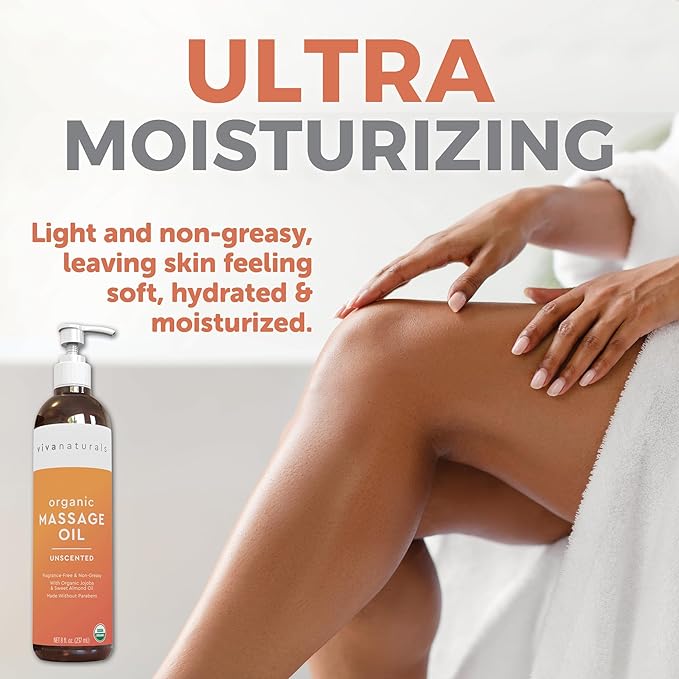 Viva Naturals Organic Massage Oil Unscented (8 fl. oz.) - Non-Greasy Body Oil with Mess-Free Pump, Moisturizing Massage Oils for Massage Therapy, Non-GMO and Certified Organic, 237 mL-Velvo Beauty