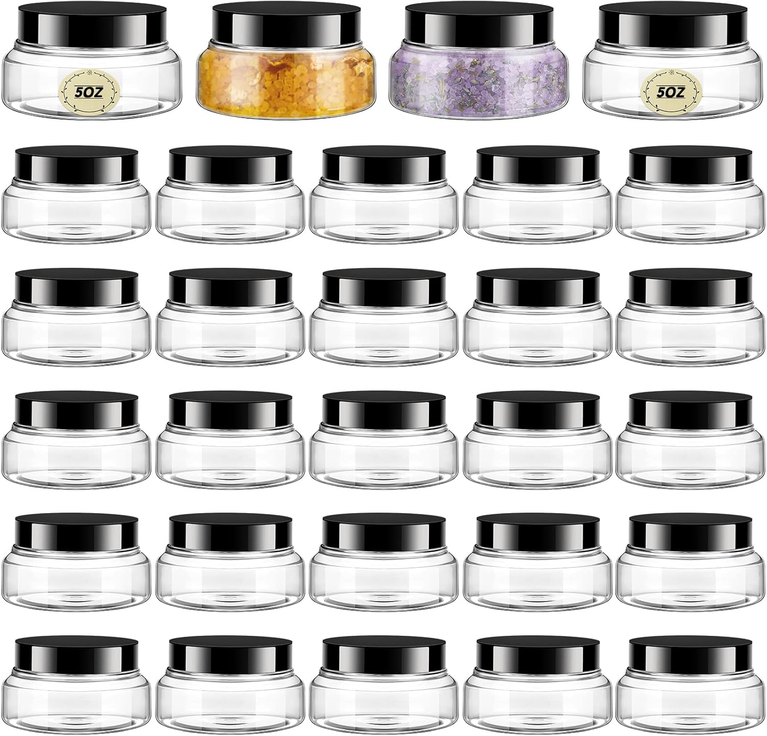 Tessco 24 Pack Plastic Jars with Lids Labels Empty Clear Plastic Jars Round Refillable Cosmetic Containers Body Butter Containers Bulk Sugar Scrub Bottle for Make Up(5 oz,Clear, Black)-Velvo Beauty
