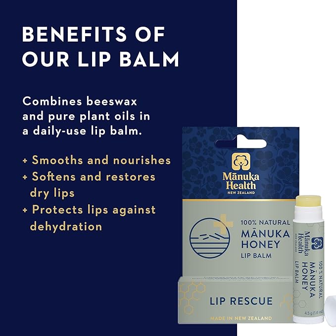 Manuka Health Lip Rescue - 0.16 oz Lip Balm for Dry Cracked Lips - 100% Natural Lip Balm with MGO 250+ Manuka Honey and Beeswax Provides Potent Lip Care-Velvo Beauty