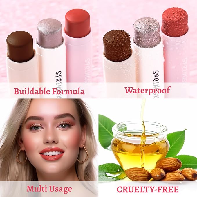 3Pcs Multi-Use Face Makeup Sticks Sets, Blendable Cream Blush Stick For Cheeks Lips, Highlighter Contour Shading Sticks Moisturizer Make Up Sets For Women (02)-Velvo Beauty