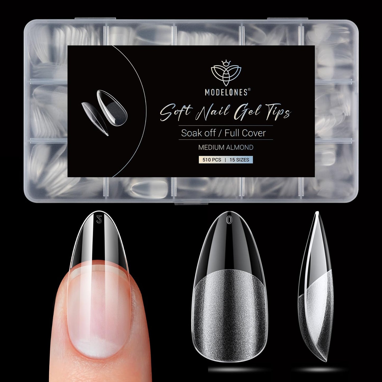 Modelones Pointed Almond Fake Nail Tips - 510Pcs Medium Gel Tips Pre-shaped Half Matte Full Cover Clear Acrylic Gel Kit False Press on Nails for Extension DIY Salon 15Sizes-Velvo Beauty