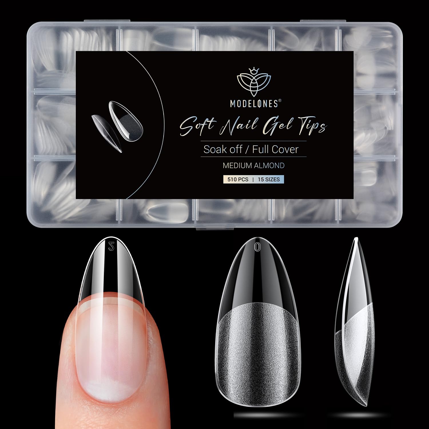 Modelones Pointed Almond Fake Nail Tips - 510Pcs Medium Gel Tips Pre-shaped Half Matte Full Cover Clear Acrylic Gel Kit False Press on Nails for Extension DIY Salon 15Sizes-Velvo Beauty