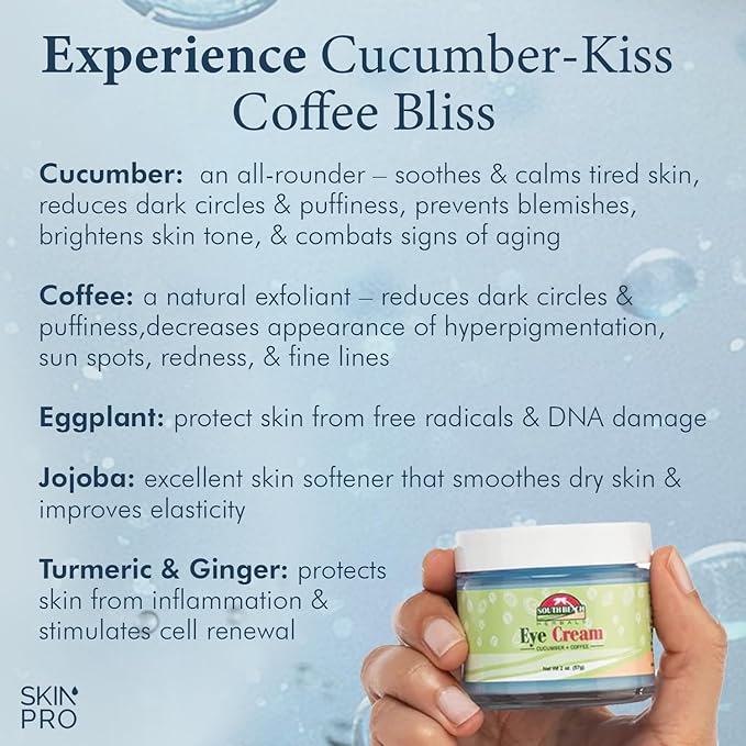 South Beach Herbals Cucumber & Coffee Anti Aging Eye Cream - Brightening and Tightening Anti Wrinkle Under Eye Treatment for Women and Men - Eye Cream for Dark Circles and Puffiness (2 oz.)-Velvo Beauty