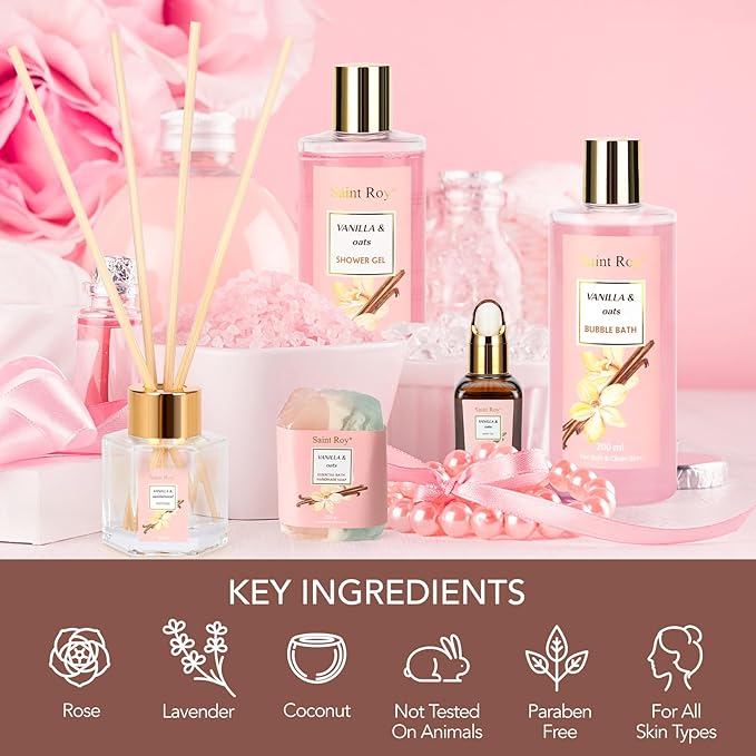 Bath and Body Gift Baskets for Women, 12 Pcs Vanilla Oat Spa Gifts for Women. Bath Gift Set Enriched Shea Butter. Home Spa with Shower Gel, Body Oil, Saint Roy Gifts for Mom-Velvo Beauty