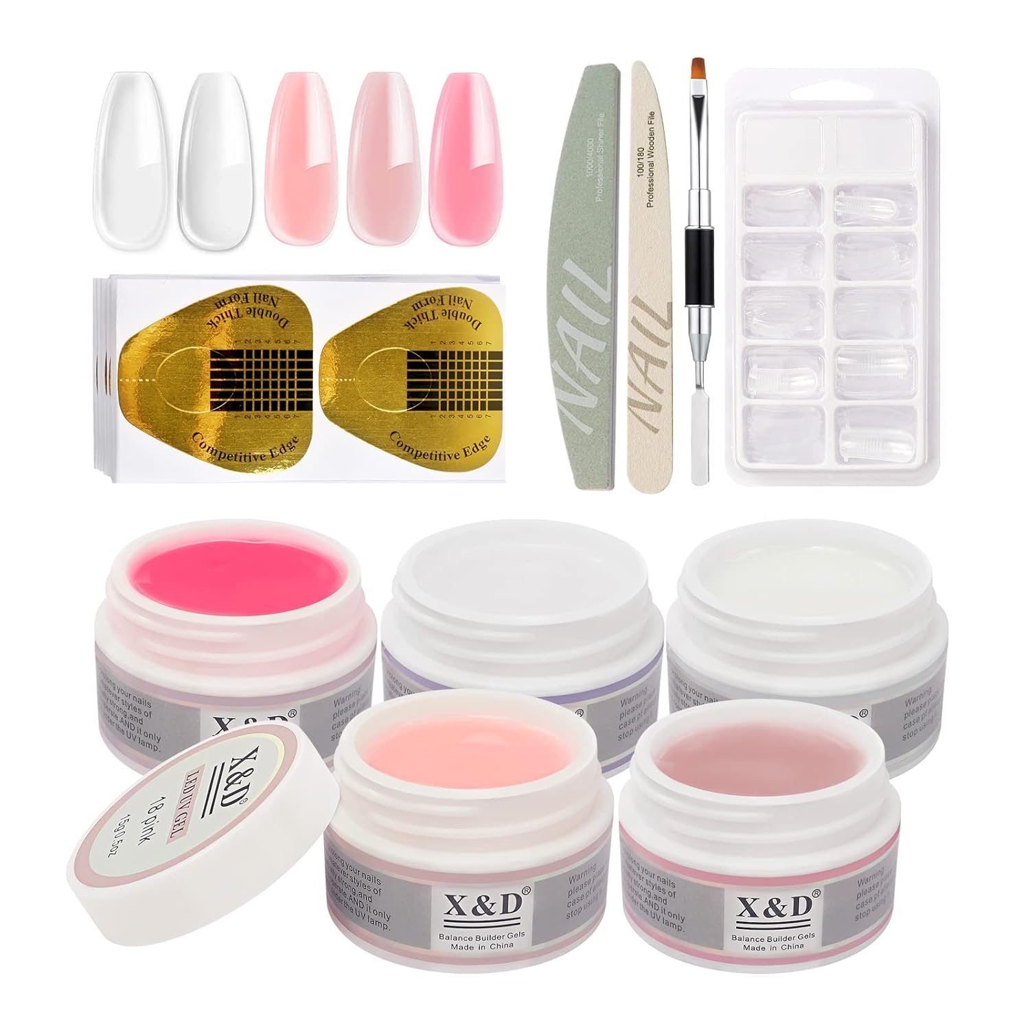 X&D Poly Gel Nail Kit - Natural Clear 5 Colors, Dual Forms, Gel Brush with Spatula, Professional Nail File and Buffer Set-Velvo Beauty