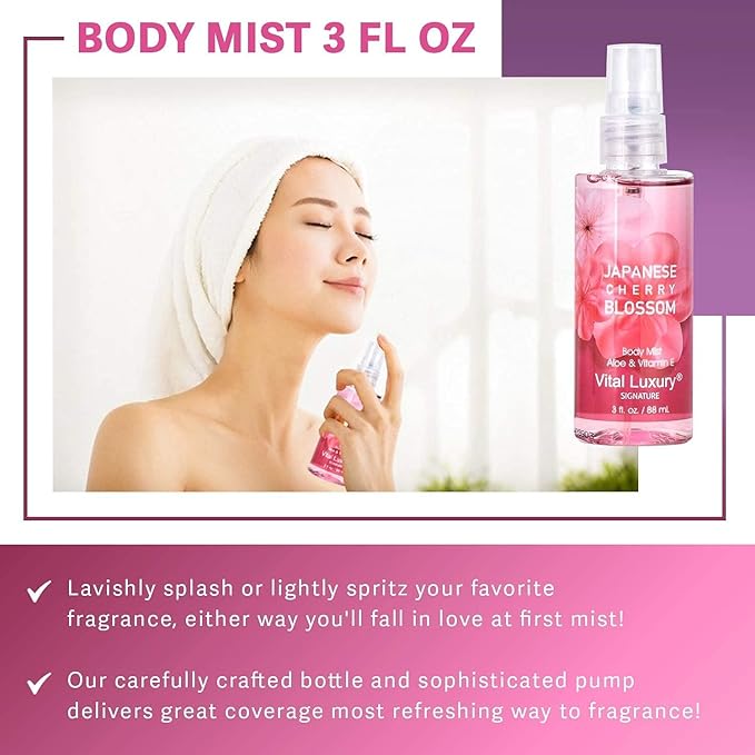 Bath & Body Kit Japanese Cherry Blossom, 3 Fl Oz, Ideal Skincare Gift, Home Spa Set, Includes Body Lotion, Shower Gel and Fragrance Mist, Perfect for Christmas Gifts and Festive Pampering-Velvo Beauty