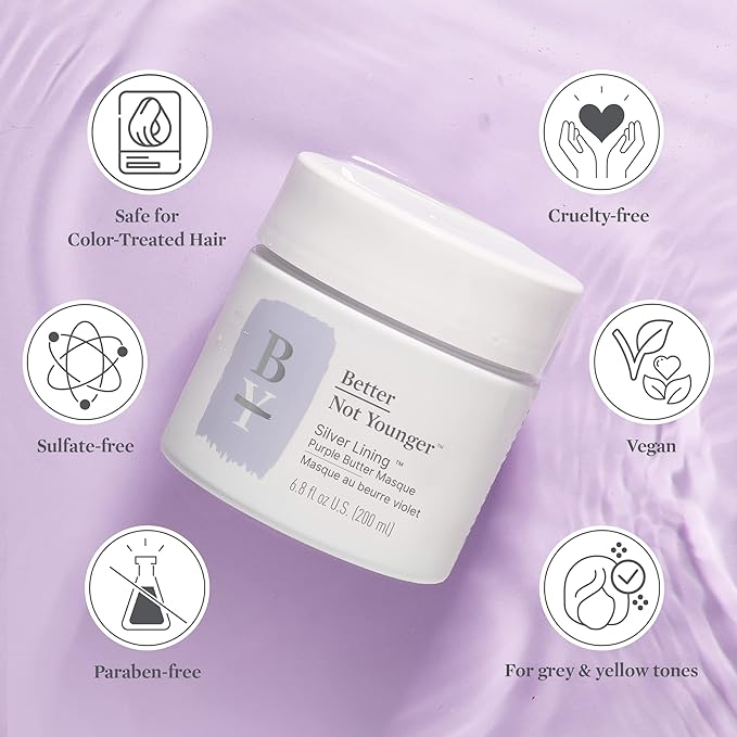 Better Not Younger Silver Lining Purple Hair Mask for Women 40+ – Deep Conditioning Treatment for Gray, Silver & Blonde Hair - Butter Mask with Plant-Based Oils – Hydrates & Neutralizes Brassiness-Velvo Beauty
