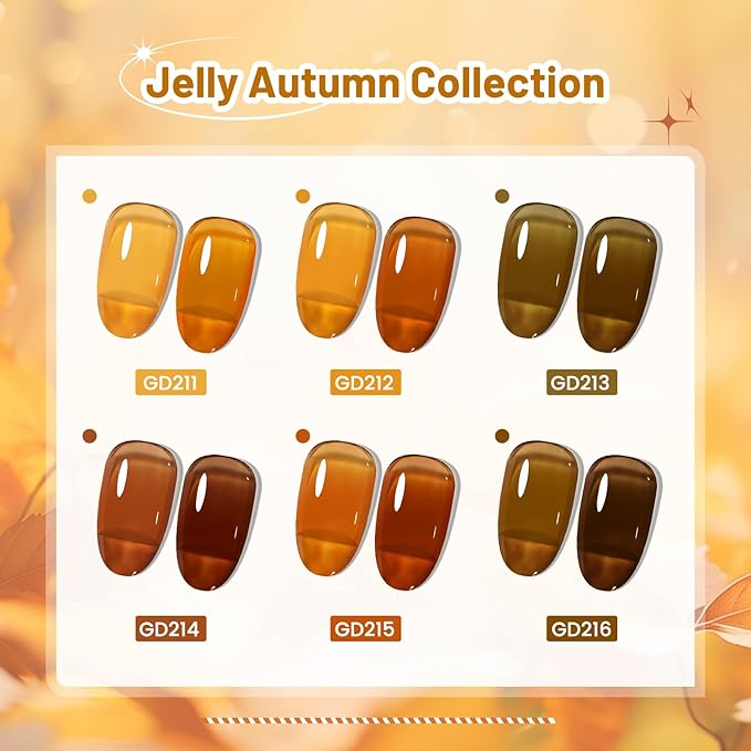 JODSONE 6 Colors Gel Nail Polish Set Fall Collection Jelly Effect Soak Off Need U V LED Gel Polish Set Autumn Mauve Brown RedSalon-Quality DlY Home Manicure-Velvo Beauty