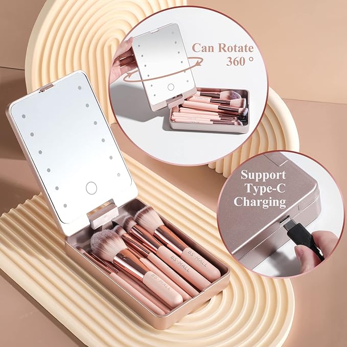 BS-MALL Makeup Brushes Foundation Powder Concealers Eye Shadows Makeup Set with LED light Mirror 14 Pcs Mini Makeup Brushes (APINK)-Velvo Beauty