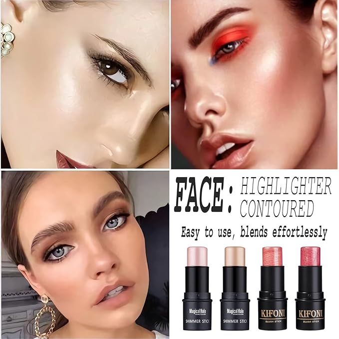4 Pcs Cruelty-Free Waterproof Highlighter Makeup Sticks Shimmer Illuminator and Blush Stick Face Contour Cosmetics Set Easy To Use Blends Effortlessly-Velvo Beauty