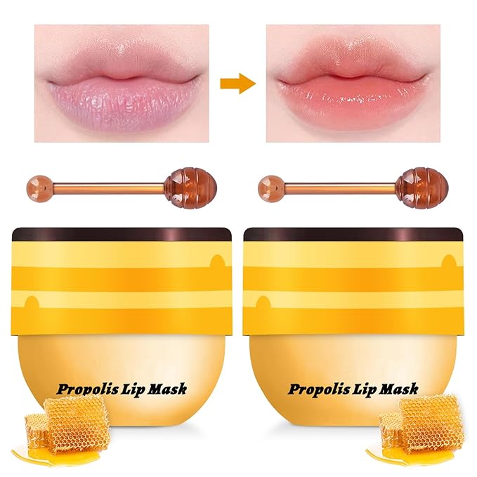 2PCS Lip Mask Overnight, Honey&Strawberry Moisturizing Repair Sleeping Lip Balm, Fade Lip Lines Bee Lip Balm, Hydrating &Prevention Dry and Crack Lip Scrubs Exfoliator (Honey & Honey)-Velvo Beauty