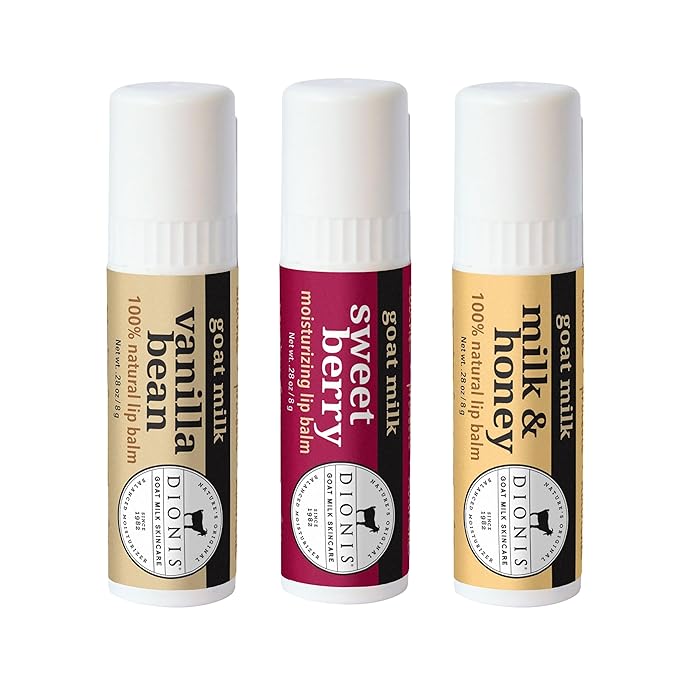 Dionis Goat Milk Skincare Warm & Sweet Lip Balm Gift Set - Beeswax, Shea Butter & Coconut Oil Lip Care Products Made in The USA - Cruelty Free Lip Moisturizer For Dry Chapped Lips, 0.28oz 3 Pack-Velvo Beauty