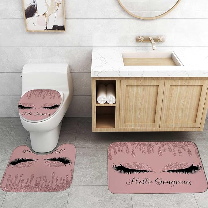 4PCS Rose Gold Glitter Hello Gorgeous Shower Curtain Set, Bling Unicorn Eyelash Makeup Glam Fashion Girly Teenage Girls Women Pink Bathroom Decor, Fabric Shower Curtain, Bath Mat Toilet Rug-Velvo Beauty