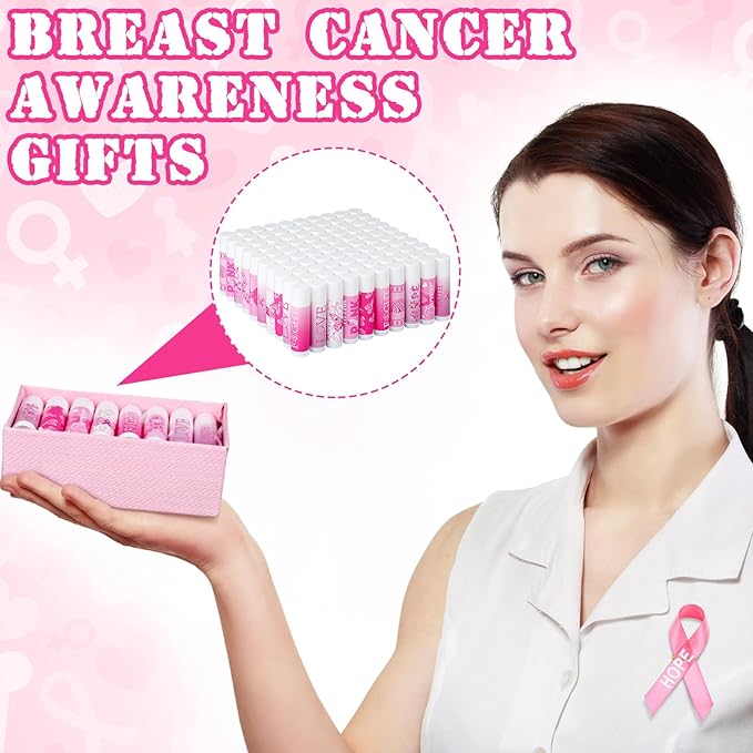 100 Set Pink Ribbon Breast Cancer Awareness Gifts Bulk, 100 Lip Balms, 100 Organza Gift Bags and 100 Tags Perfect for Charity Events, Survivors Awareness Campaigns-Velvo Beauty