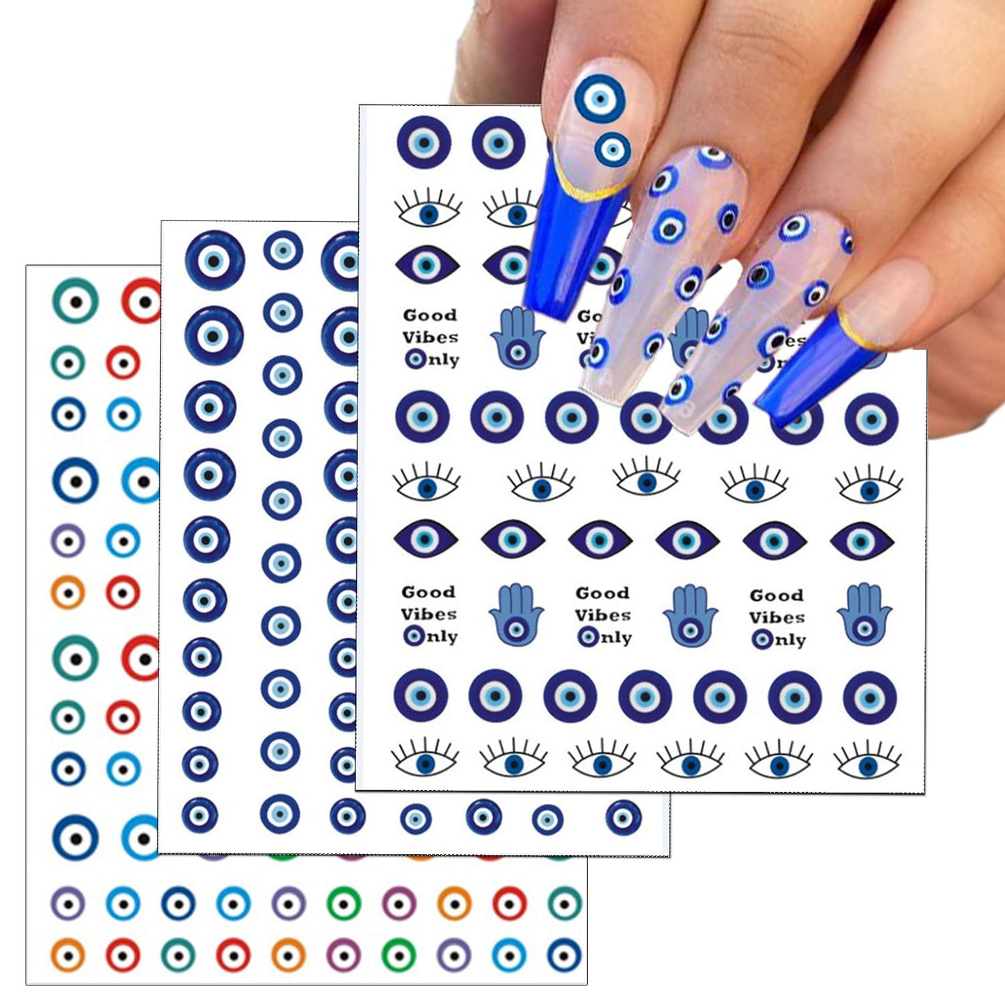 14 Sheets Evil Eye Nail Stickers, 3D Turkish Blue Eye Design Nail Art Decals, Self Adhesive Hamsa Hand of Fatima Manicure Decorations-Velvo Beauty