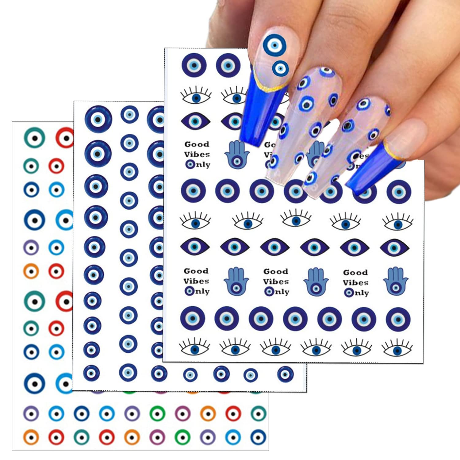 14 Sheets Evil Eye Nail Stickers, 3D Turkish Blue Eye Design Nail Art Decals, Self Adhesive Hamsa Hand of Fatima Manicure Decorations-Velvo Beauty
