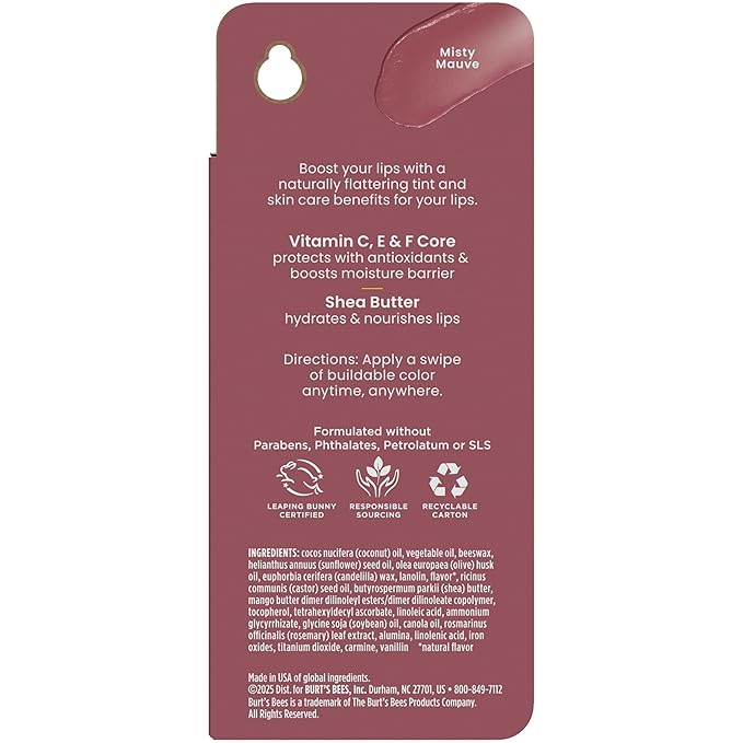 Burt’s Bees Back To School Gift Ideas, Tinted Boosted Balm, Misty Mauve, Hydrating Tinted Lip Balm with Vitamin C, E, and F Core, 24 Hour Lip Moisturizer, 100% Natural Origin, 1 Count, 0.16oz-Velvo Beauty