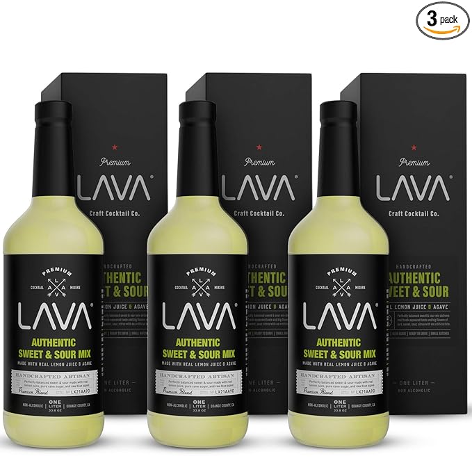 (3 Pack) LAVA Premium Authentic Sweet & Sour Mix, Made with Real Lemon Juice, Lime Juice, Raw Blue Agave, No Artificial Sweeteners. Whiskey Sour, Long Island Iced Tea, Lemon Drop. 33.8oz Glass Bottles-Velvo Beauty