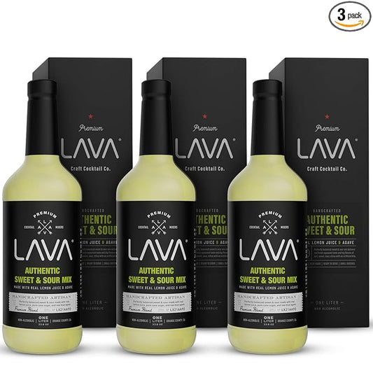 (3 Pack) LAVA Premium Authentic Sweet & Sour Mix, Made with Real Lemon Juice, Lime Juice, Raw Blue Agave, No Artificial Sweeteners. Whiskey Sour, Long Island Iced Tea, Lemon Drop. 33.8oz Glass Bottles-Velvo Beauty