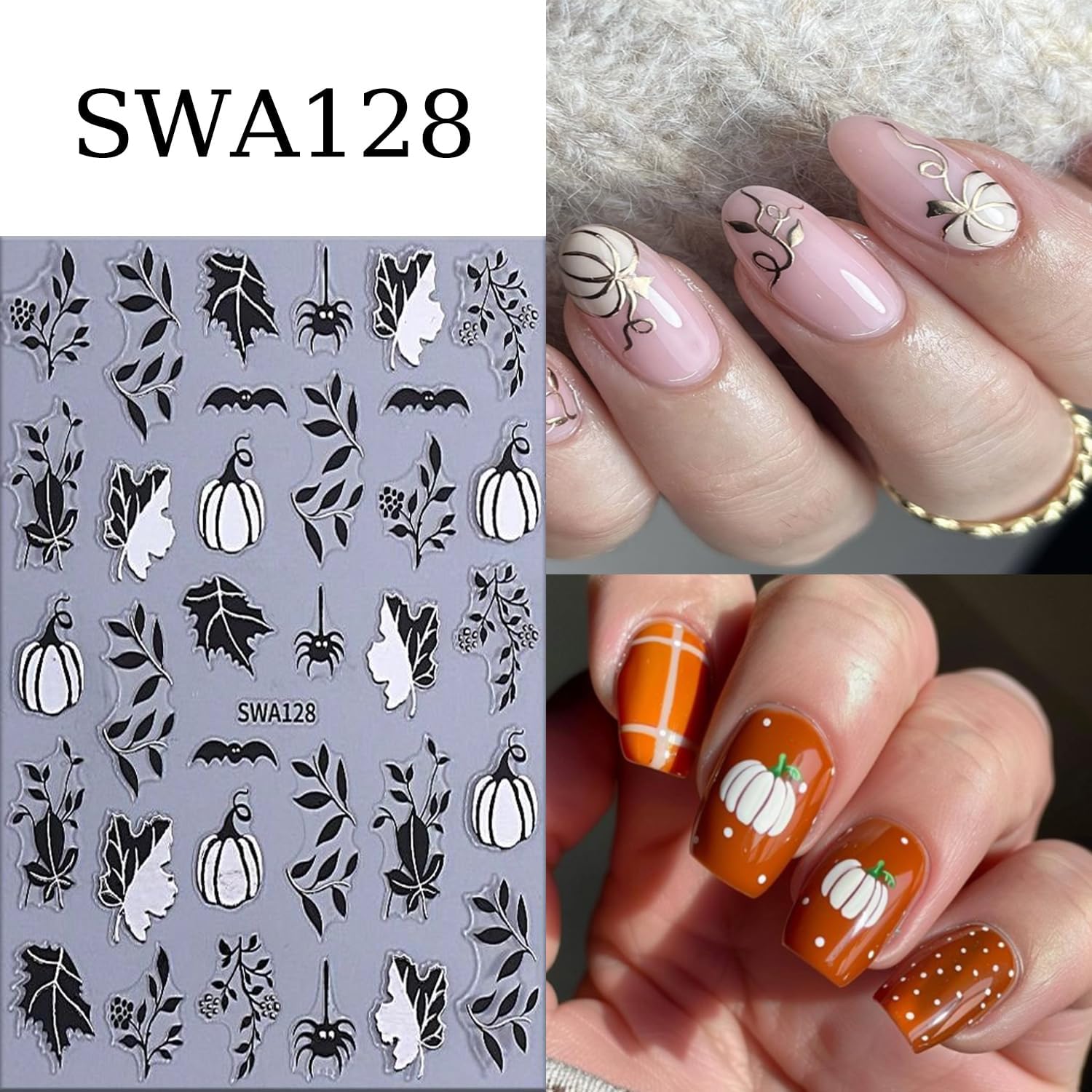 6 Sheets Halloween Nail Art Stickers 3D Self -Adhesive Pumpkin and Leaves Nail Decals Holographic Spider Bat Nail Stickers Halloween Nail Decoration for Women Manicure Supplies-Velvo Beauty