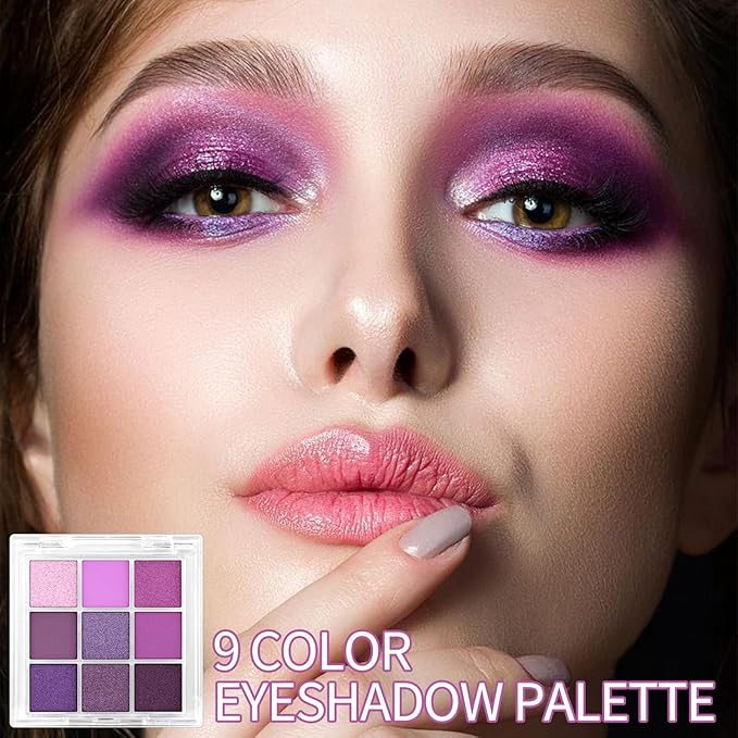 Erinde 9 Colors Purple Pink Lavender Glitter Shimmer Matte Eye Shadow Palette Makeup, Highly Pigmented Waterproof Violet Mauve Dark Purple Silver Pearl White Shimmer Sparkling Party Eyeshadow Palette-Velvo Beauty