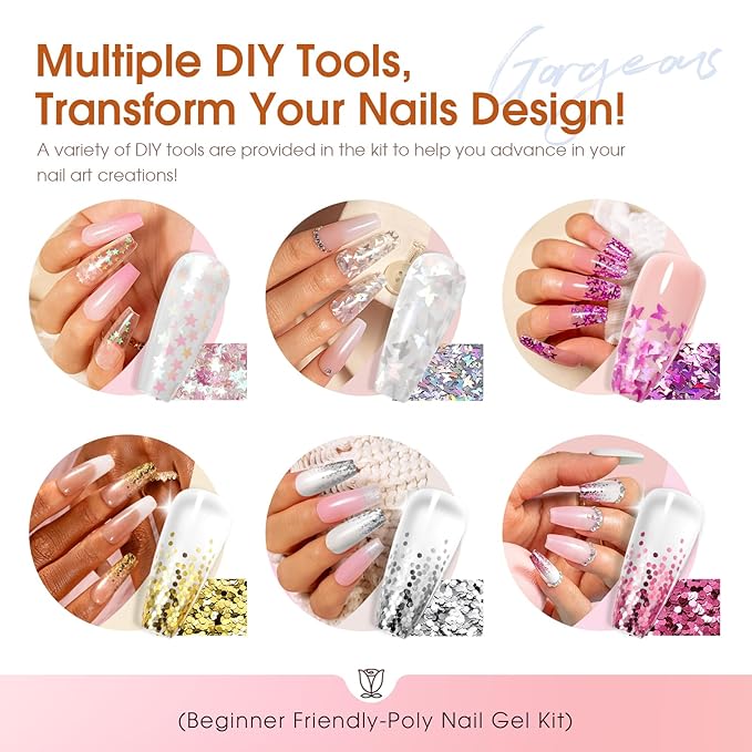 ROSALIND Poly Nail Gel Kit -14 Colors + 75 Nail Art Accessories Kit Nude Pink Series Poly Gel with Big Uv Light 48W and Electric Nail Drill Poly Nail Gel Starter Kit with Everything Gift-Velvo Beauty