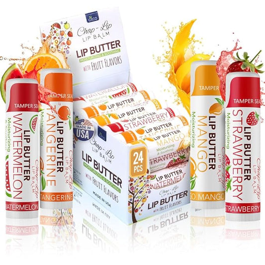 CHAP-LIP Original Lip Balm Hydrating Bulk Chap Stick with Fruit Flavors, Coconut Oil, and Cocoa Butter - Lip Therapy Pack for Men and Women - Gift Set Made in the USA, 24 Pack-Velvo Beauty