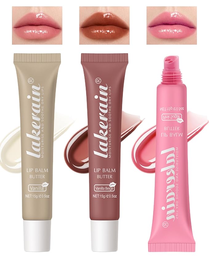Tinted Lip Butter Balm-3 Colors Vanilla Beige Brown Pink Sugar Glossier Lip Gloss,Clear Jelly Yummy Tint Lip Stain Balm,Long Lasting Hydrating Non-Sticky Glow Reviver Fat Lip Care Oil for Women-Set A-Velvo Beauty