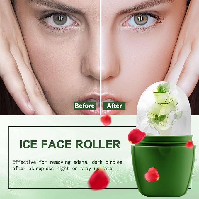 XHJRI Ice Face Roller Massager,Ice Cube Roller for Face, Eyes and Neck Naturally Conditioning and Skin Care,De-Puff Eye Bags,Reduce Migraine Pain,Reusable Massage Silicone Ice Mold (New Green)-Velvo Beauty