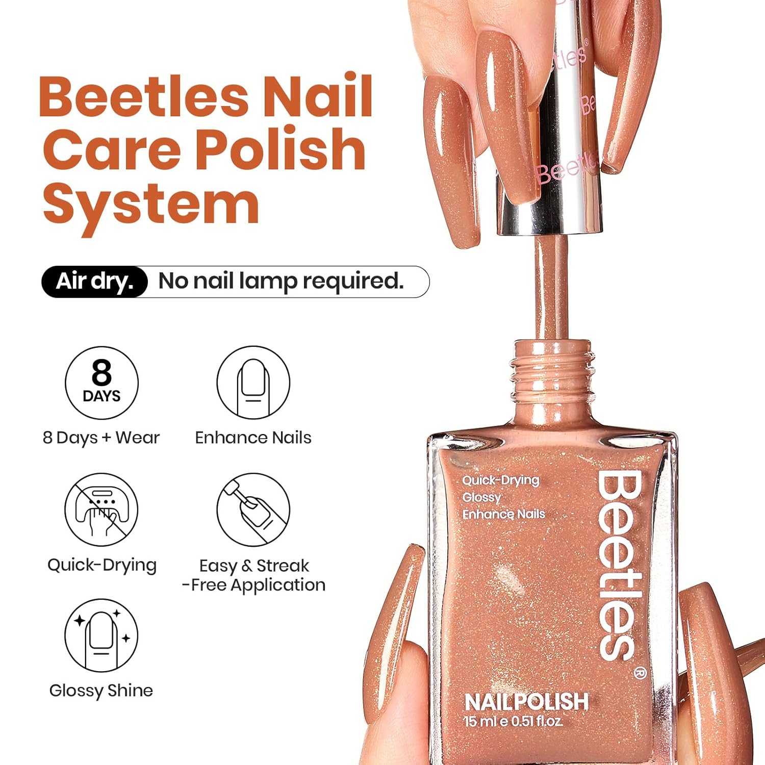 Beetles Glitter Brown Nail Polish –No UV Needed, Air Dry–Rosy Gold Shimmer Nude Rose Nail Lacquer–Fast Drying,Long Lasting,Salon-Quality Polish At-Home DIY-Velvo Beauty
