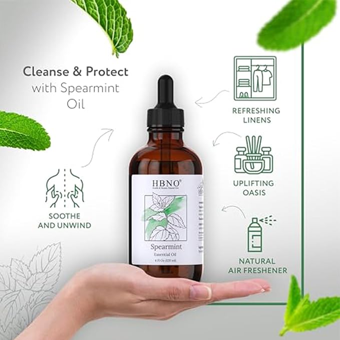 HBNO Spearmint Essential Oil - Huge 4 oz (120ml) Value Size - Natural Spearmint Oil - Perfect for Cleaning, Aromatherapy, DIY, Soap & Diffuser -Velvo Beauty