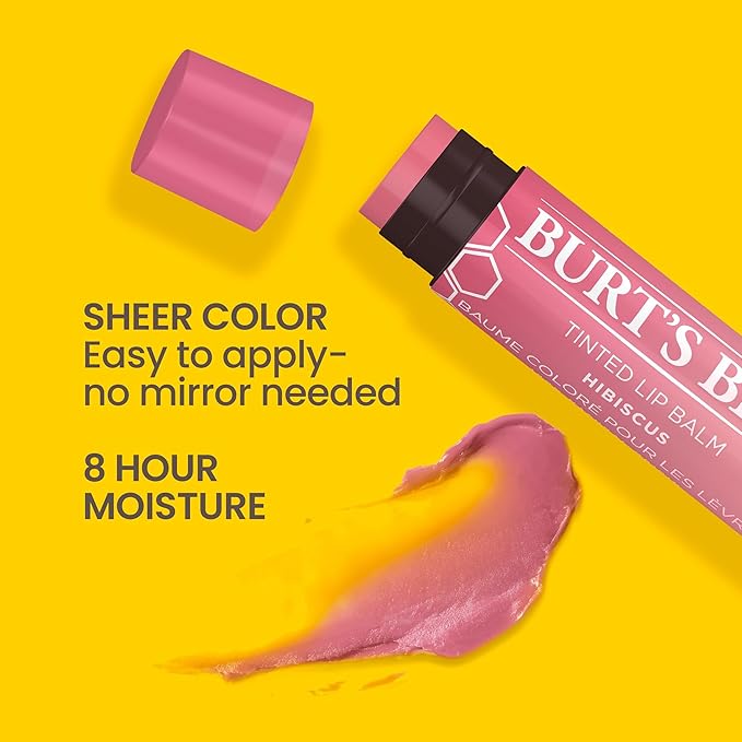 Burt's Bees Lip Tint Balm with Long Lasting 2 in 1 Duo Tinted Balm Formula, Color Infused with Deeply Hydrating Shea Butter for a Natural Looking Buildable Finish, Soft Hibiscus (2-Pack)-Velvo Beauty