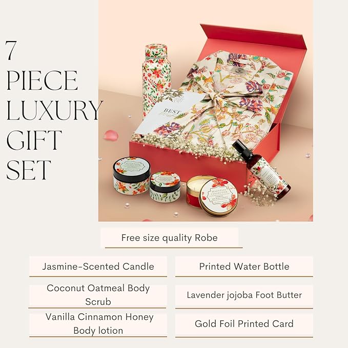 Spa Gift Set with Robe - 7 pc for New Mothers Postpartum Moms & Expecting- Luxurious Gift Set w Jasmine Candle Honey Lotion Coconut Oatmeal Body Scrub - All-Natural for Self-Care. Push present.-Velvo Beauty