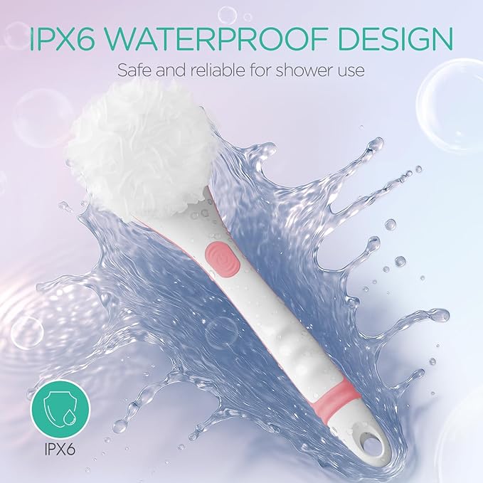 VOYOR Electric Body Brush Back Scrubber for Shower Rechargeable Exfoliating Bath Brush Powered Shower Brush with Non-Slip Long Handle Deep Cleansing, Exfoliation, Massaging Spin Brush BC100 (Pink)-Velvo Beauty